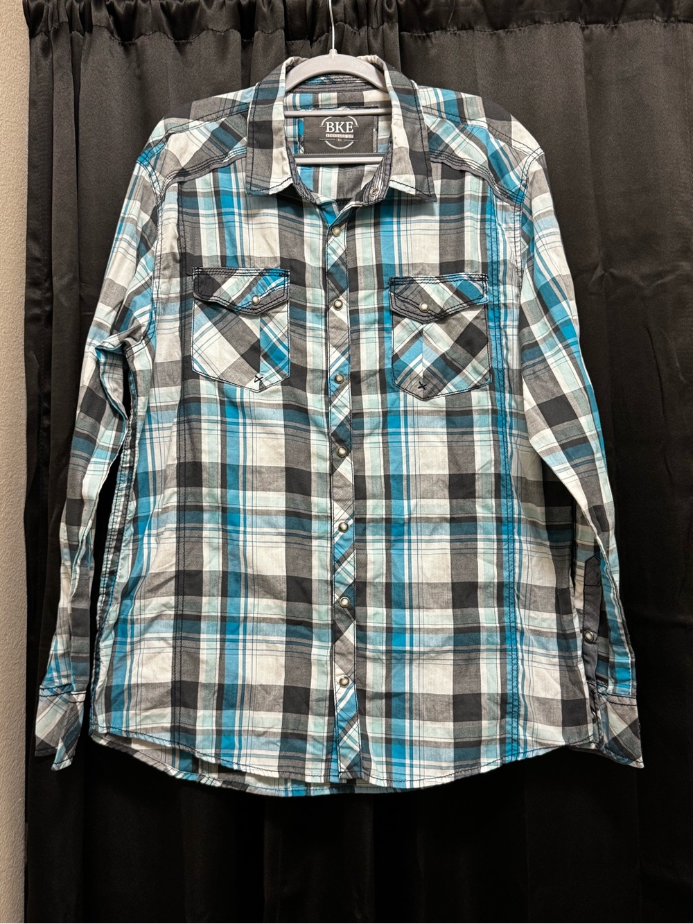 BKE Men's Teal, Black & White Plaid Button-Down Shirt